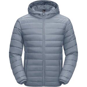 Men's Light Gray Hooded Water-Resistant Outerwear Warm Quilted Puffer Jacket